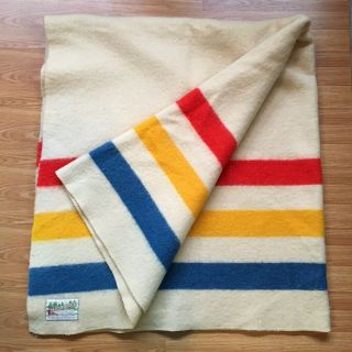 Vintage Orrlaskan 100 Wool Blanket Blue Red Yellow Stripe Cream 80 " X 72 " Ohio