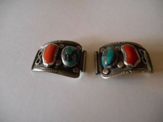 Vintage Native American Men`s Watch Band Tips Silver Turquoise & Coral J D