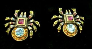 Vtg Heidi Daus " Spider " Multi Color Crystals Bronze Clip Earrings - Retired - 1 "