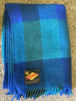 Vintage Turist All Wool Blanket Fringe Throw Made In Norway Blue Green Plaid