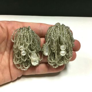 Vintage Clip Earrings Clear Glass Seed Bead & Baroque Pearl Tassel Cha - Cha Oo60l
