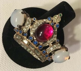 Vintage Sterling Coro Craft Crown Brooch Rhinestone Jelly Belly Complete