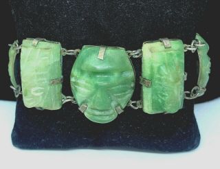 Vintage Sterling Silver Carved Green Stone Aztec Face Link Bracelet Mexico