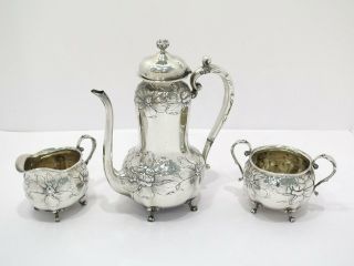 Sterling Silver Gorham Antique Large Flower Teapot Creamer & Sugar Bowl Set