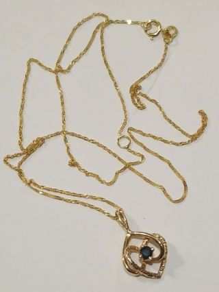 Vintage 10k Solid Yellow Gold Blue Sapphire Pendant Necklace.  Italy.