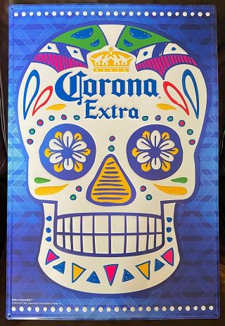 Corona Extra Beer Sugar Skull Day Of The Dead Metal Bar Sign Tin Tacker Rare