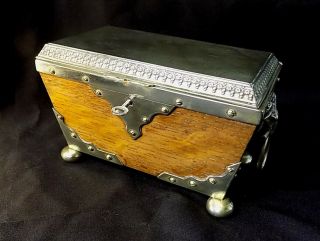 English Antique Oak And Silver Plated Tea Caddy.  Fine Details.