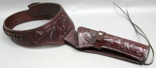 Vintage Hand - Tooled Brown Leather Western Belt & Holster Size 36 Made In Mexico