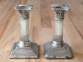 Pair Antique 12cm Solid Sterling Silver Corinthian Column Candlesticks 1923