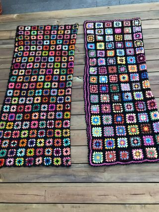 Two Vintage Granny Square Afghan Black Multicolor Blankets 63 - 51 & 62 - 56 Throw