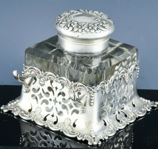 Superb1899 American Gorham Repousse Sterling Silver Cut Glass Inkwell Pen Stand