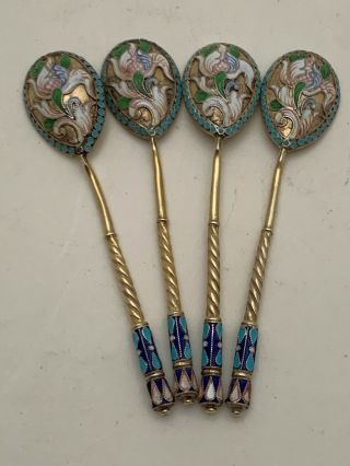 Antique Russian Enamel Cloisonne Gilded 84 Silver Set Of 4 Tea Spoons