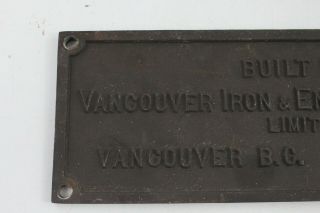 Vintage Cast Iron Bridge Plate Plaque Vancouver Iron Engineering Sign - M83 2