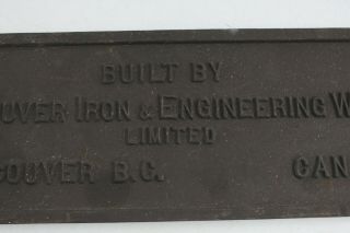Vintage Cast Iron Bridge Plate Plaque Vancouver Iron Engineering Sign - M83 3