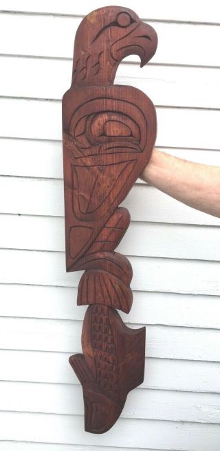 Vintage Northwest Coast Haida Large 35 " Wood Carving Eagle & Fish Wall Hanging