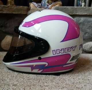 Vtg Bell Dot Polaris Indy Snowmobile Helmet Racing Flags Purple Pink Med / Small