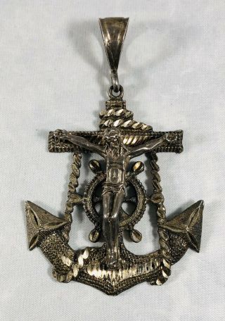 925 Sterling Silver Vintage Heavy Religious Crucifix Cross Anchor Pendant