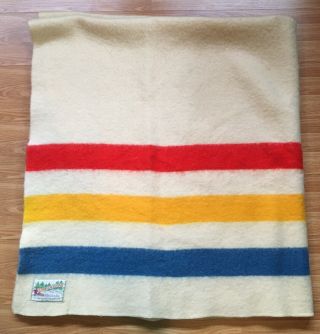 Vintage Orrlaskan 100 Wool Blanket Blue Red Yellow Stripe Cream 80 " X72 " Ohio 2