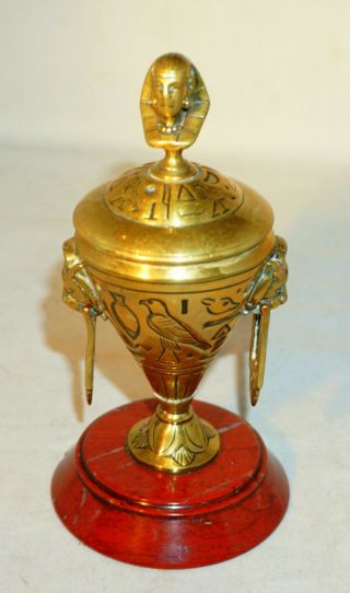 Vintage Brass/bronze Egyptian Themed Inkwell With Marble Base