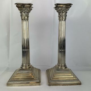 Pair Large Antique Sterling Silver Corinthian Column Candlesticks 29cm Fordham