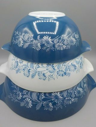 3 Vtg Pyrex Colonial Mist Cinderella Mixing Bowl Set 444 443 442 Blue & White