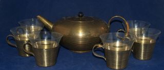 Vintage Retro Mid Century Modern Spun Brass And Glass Tea Set Teapot Cups