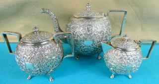 Stunning Indian Sterling Silver 3 Piece Tea Set Swirling Leaves Flowers C1880