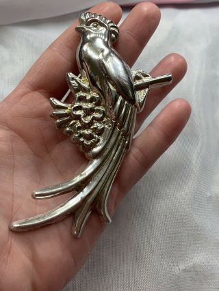 Large Vintage Quetzal Bird Flowers Mexico Sterling Silver Brooch Hallmarked