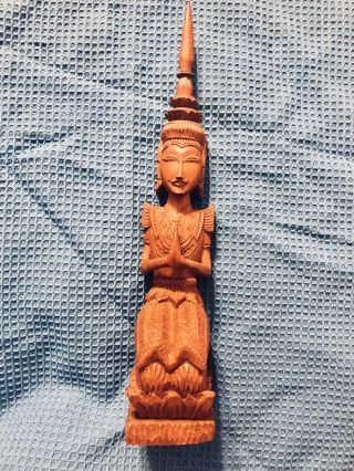 Vintage Hand Carved Wood Thai Angel Temple Kneeling Praying Buddha 18” Tall