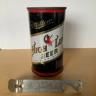 Miller High Life Can.  Black Flat Top,  Bottom - Opened.