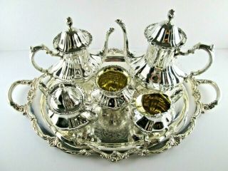LANCASTER ROSE by Poole Sterling Silver 5 PC Coffee Tea Set,  Tray 3