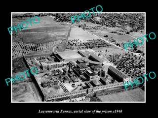 Old Postcard Size Photo Leavenworth Kansas Aerial View Of The Prison C1940