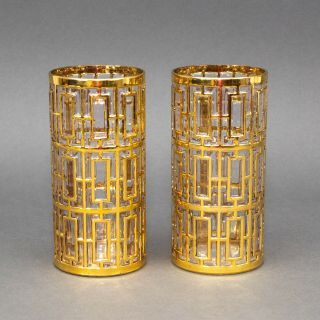 Imperial Glass Shoji Trellis Gold Cocktail Highball Glasses Vintage Set Of 2