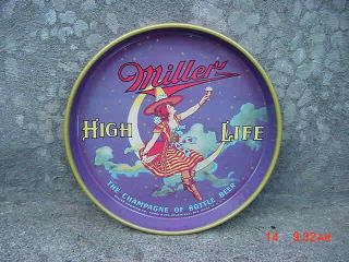 Rare Purple Color Vintage Miller High Life Girl On Moon Round Metal Tray