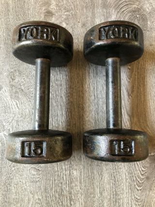 Pair Vintage York Barbell 15 Lb Roundhead Dumbbells: Both Stamped Usa