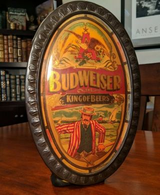 Vintage Budweiser King Of Beers Advertising Oval Beer Sign Boating On The Lake