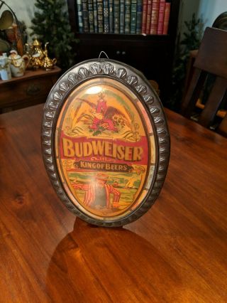 VINTAGE BUDWEISER KING OF BEERS ADVERTISING OVAL BEER SIGN BOATING ON THE LAKE 3