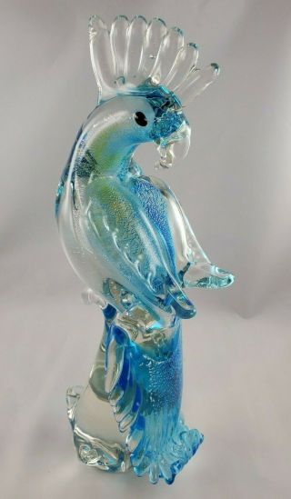 Murano Art Glass Parrot/cockatoo/bird Hand Blown 12 " Blue/clear/gold/silver Vtg