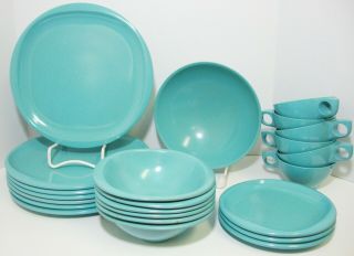 Vintage Boontonware Turquoise Melamine Dish Set 23 Pc Plates Bowls Cups 1960s