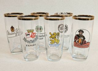 Set 6 Vintage 1970’s German Beer Brands Stemmed Gold Rim Glasses