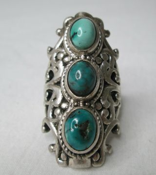 Vintage Tuquoise Sterling Silver 925 Ring Sz 8.  25 Large Stones Tribal Native