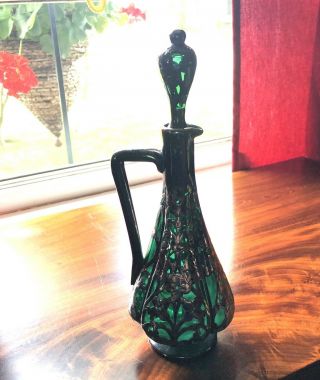 11” Art Nouveau Sterling Silver Overlay Green Glass Decanter
