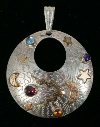 Vintage Signed Ann Allen Moon & Stars Sterling Silver And 14k Gold Fill Pendant