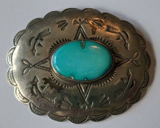 Large Vintage Navajo Sterling Turquoise Stamped Concho Pin Brooch