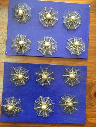 12 Rare Halloween Antique Silver Spider Web Hair Ornaments / Place Card Holders