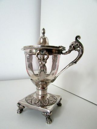 Antique 19th C French Sterling Silver & Crystal Mustard Pot Jar 1820 
