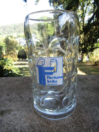 Vintage Large Glass 1 Liter German Fortuna Brau Beer Mug - Large Dimples 8 " H