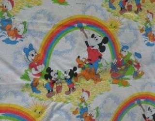 Vintage Walt Disney Productions Twin Flat Sheet Mickey Painting Rainbow Pacific