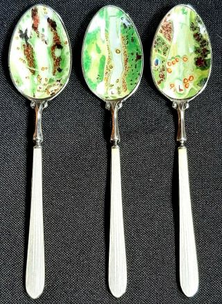 Rare Set Of 3 Sterling Silver Enamelled Golf Themed Tea Spoons C Robathan 1978