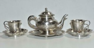 Antique Straits Chinese Peranakan Silver Plated Teapot With Cups And Saucers